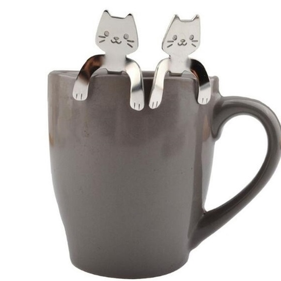 Cat Spoons Tea Spoons Cup Hugging Kitty Cats Stainless Steel 2 Piece Set - Picture 2 of 15